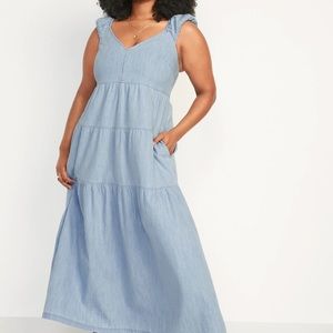 Chambray Tiered All-Day Fit & Flare Maxi Dress